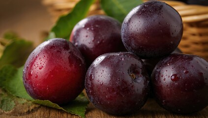 Fototapeta premium Mature plums showcased in an organic produce theme