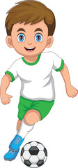 cute boy playing football and dribbling a ball cartoon