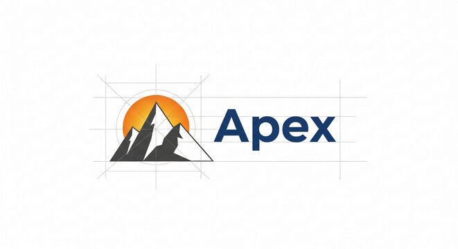 Stylized mountain logo design with sun, representing peak achievement, success, and ambition, ideal for corporate branding or motivational designs - Powered by Adobe
