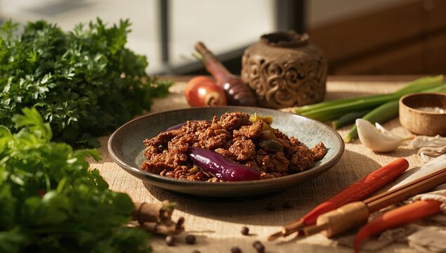 Saut&Atilde;&copy;ed Eggplant with Ground Meat Dish, Seasonal, Homemade, Fresh Ingredients, Asian Cuisine, Nutritious Meal