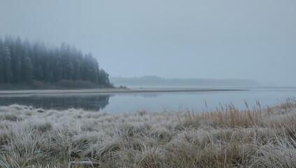 Obraz premium Frost-covered moorland by a vast icy sea on a misty winter morning