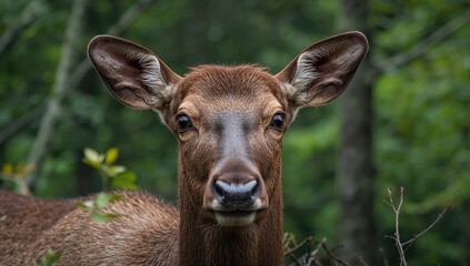 Startled female elk close-up in natural forest setting