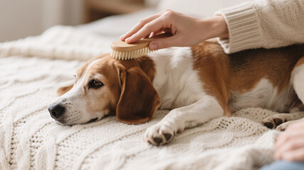 Fototapeta premium Peaceful moment of a dog enjoying grooming on cozy neutral textiles, highlighting affectionate interaction and emotional wellbeing between pet and owner