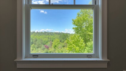 Fototapeta premium Freshly mounted white composite window ledge inside a room with a gray wall, showing a view of trees and sky outside.