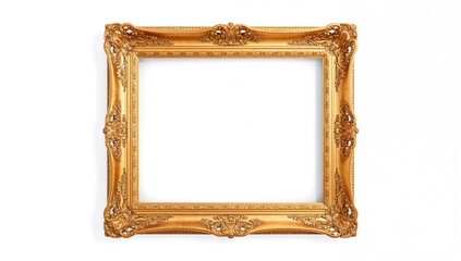 Vintage decorative gold frame against a white backdrop. Concept of antique golden artifacts. Elegant relic of a luxurious era.