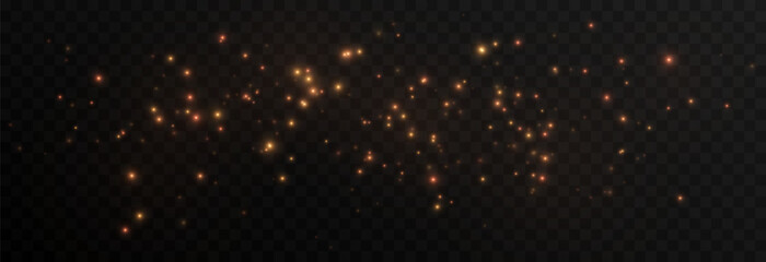 Golden glowing magic dust on a transparent background. Flying light particles PNG. Glowing dust PNG.