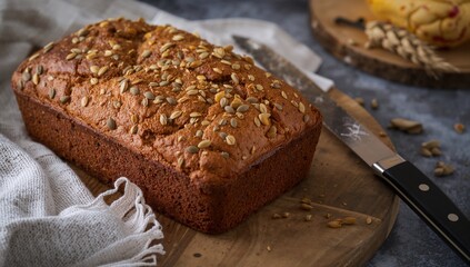 Close-up of seeded bread on a wooden surface with a cotton cloth and knife on a grey backdrop