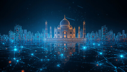 Fototapeta premium Taj mahal digital binary code network connection, abstract futuristic technology background, india innovation and technology concept