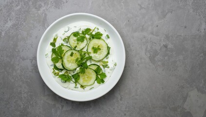 Obraz premium Classic Raita made from cucumber, yogurt, and fresh coriander, overhead shot on a textured surface