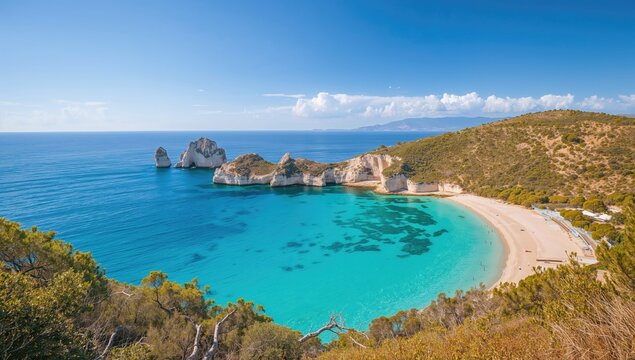 Renowned Cala Luna shore along the coastal waters of a Mediterranean gulf in a popular island region