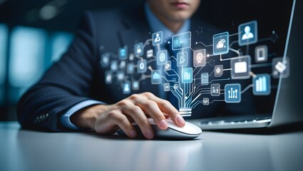 Illustration of businessman using a computer mouse with a glowing network of digital icons and data connections emanating from it, representing technology and connectivity
