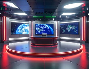 Futuristic news studio, round desk, screens