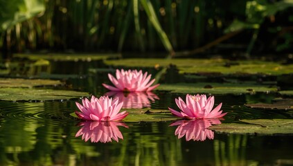 Beautiful pink water lilies blooming in a serene pond environment