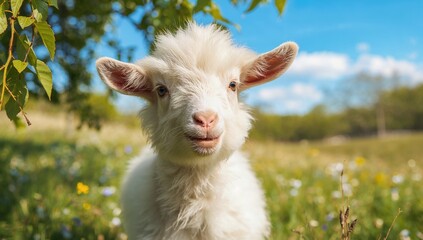 Fototapeta premium Young goat nibbling on foliage