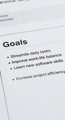 Close-up of document listing personal goals: streamlining tasks, improving work-life balance, learning software skills, and increasing project efficiency representing self-improvement and productivity