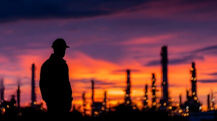 Silhouette of industrial worker wearing protective gear against a dramatic sunset sky over a processing facility