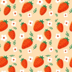 Strawberry and Flower Pattern on Beige Background