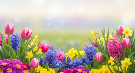 Obraz premium Beautiful spring flowers border with lush green leaves and colorful petals. Floral background for springtime, Easter, greeting card, and nature designs.