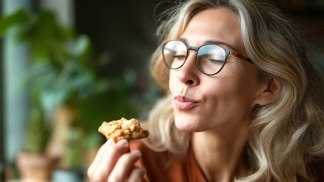 Happy senior woman in eyeglasses looking away and eating cookie while confidently sharing recipe on her blog, under gentle ambient light, showcasing proud expression and modern tec