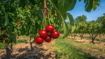 Fototapeta premium Tart cherries clustered on a limb in an orchard setting. Concept image related to farming and fruit picking.
