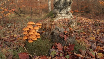 Obraz premium During the fall season, numerous fungi sprout from a tree stump surrounded by dry foliage and moss in the woods.