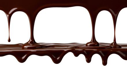 Dark melted chocolate, ultra-glossy, flowing horizontally, dripping in thick wavy rivulets on a transparent background with negative space concept for confectionery advertising