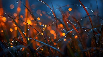 Water droplets glisten on tall blades of grass against a backdrop of warm, out-of-focus lights.