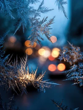Macro View of Ice Crystals on Glass Creating Winter Magic