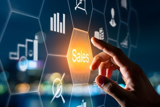 Illustration of hand touching a glowing orange hexagonal button with the word sales in the center, surrounded by digital icons representing business and finance