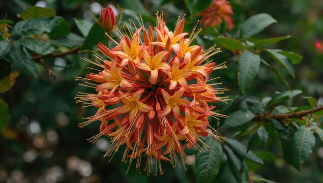 A vibrant cluster of blossoms attached to extended stems, united with lush green foliage at the top.
