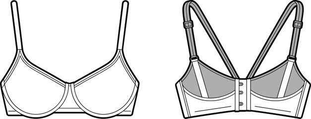 Women's bra front and back view, lingerie fashion technical CAD drawing flat vector illustration, apparel design template for garment production