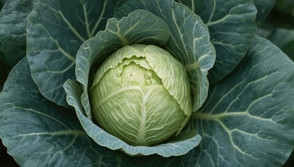 Obraz premium Fresh green cabbage growing in an eco-friendly garden. Home cultivated vegetables with sustainable agriculture. Nature background with leaves and health benefits.