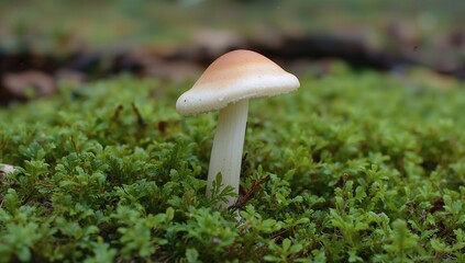 Side profile of a light-colored Russula brevipes mushroom sprouting amidst vibrant green moss on woodland ground.