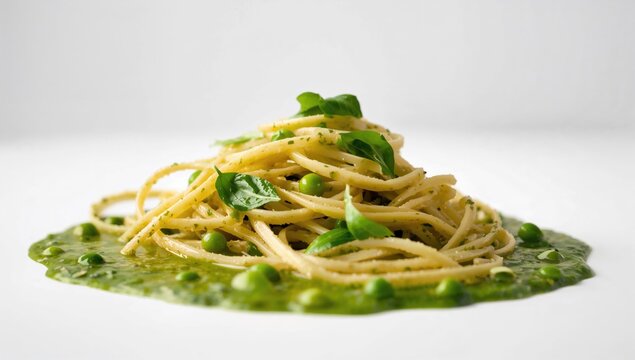 Close-up of tagliatelle pasta topped with spinach and green pea pesto