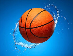 A basketball bursts from water creating a splash against a vibrant blue background