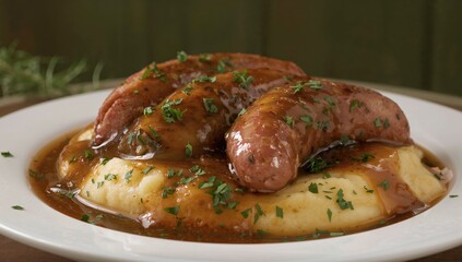 Handcrafted Sausages and Mashed Potatoes with Fresh Herbs and Sauce