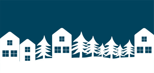 Winter Christmas Village Landscape with Snow Covered Houses and Pine Trees Silhouette. Festive Background Illustration for Holiday Greeting Cards and Seasonal Decoration