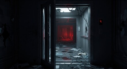 Dark, open elevator doors revealing a crimson-lit, damaged interior.