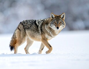 A beautiful coyote strides through a snowy field with focused eyes and alert posture