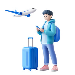 3D Render character of man with blue suitcase. He is using a mobile app for ckeck in for departure. Travelling concept