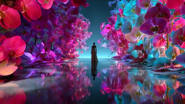 A mesmerizing scene featuring a tranquil figure poised between vibrant, blooming orchards of orchids, surrounded by a captivating display of colorful flowers reflecting beautifully on serene waters.