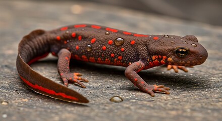 A close-up shot of a brown salamander with red spots and stripes, wet from rain