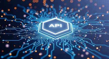 Blue API Hexagon Symbol on Dark Digital Circuit Board with Orange Light Streaks