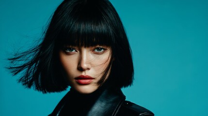 Fototapeta premium fashion beautiful woman with solid backdrop. Wearing a leather coat