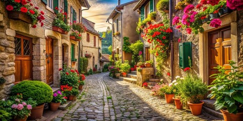 Fototapeta premium Serene Village Portrait: Rustic Charm and Simple Beauty in a Quaint Countryside Setting