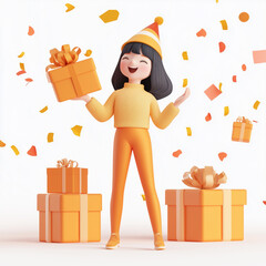3D character of a young woman celebrating a party. She is wearing a festive party hat and holding a wrapped gift with a ribbon