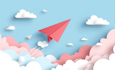 Paper airplane soaring through pastel clouds