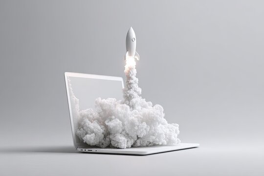 A white laptop with a rocket launching from it, surrounded by white smoke