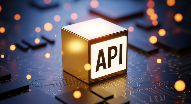 Golden cube with API text illuminated on a circuit board with bokeh lights application programming interface