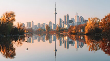 Fototapeta premium Modern metropolitan skyline reflects in calm water surrounded by vibrant autumn foliage at sunrise
